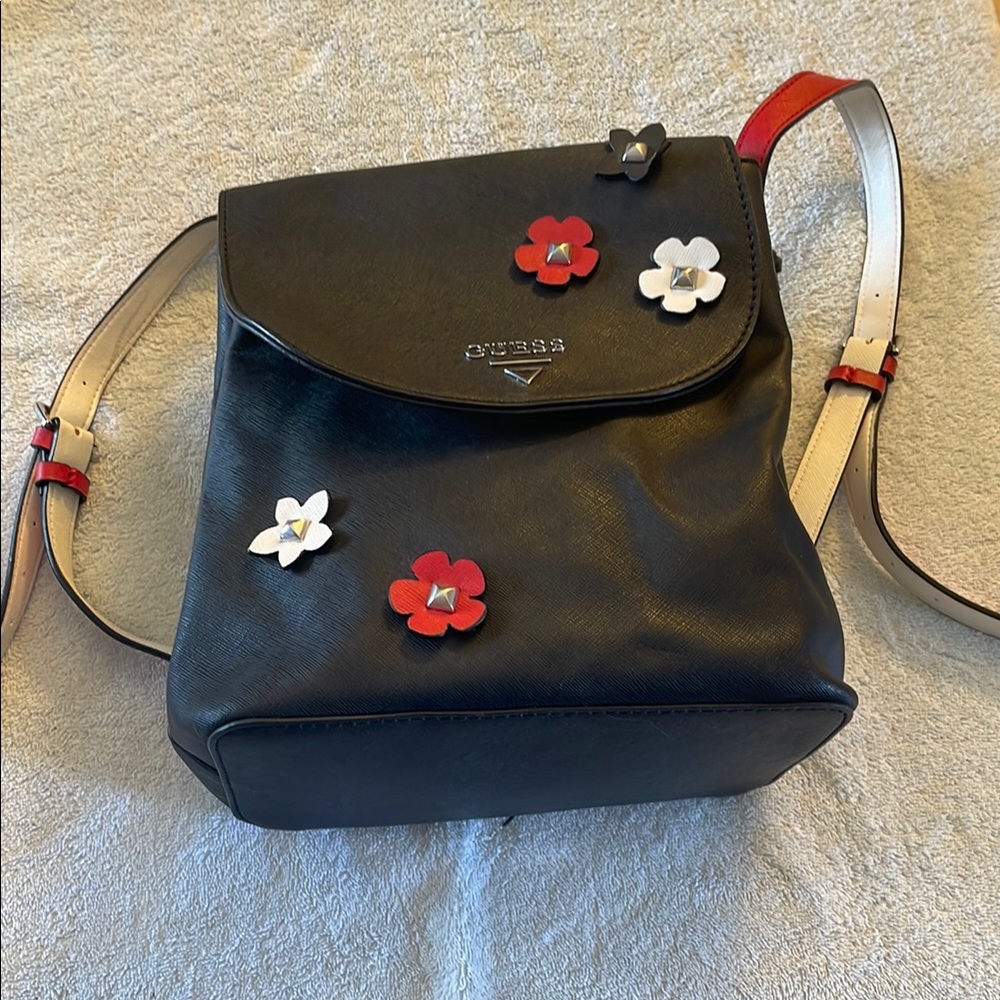 Guess Black and Red Backpack with Floral Accents